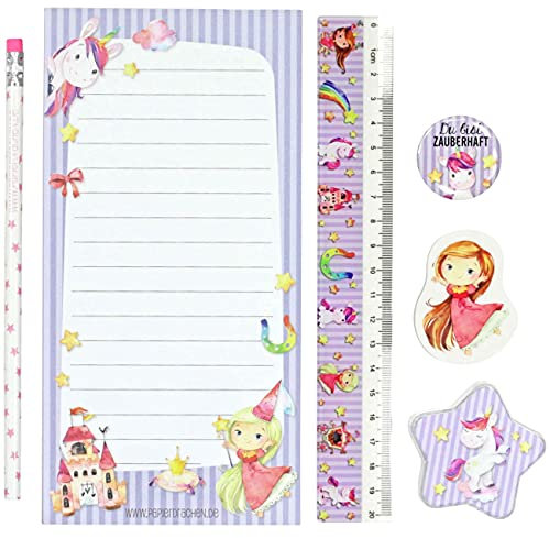 Papierdrachen 6-teiliges Schreibset für Grundschul Kinder | Einhorn-Motiv | mit Bleistift Spitzer Lineal Radierer Schreibblock | Geschenkidee zur Einschulung | Mitgebsel für Kindergeburtstag | Set 2