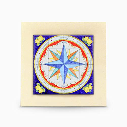 Icona in Legno con Piastrella in Gres Decorata a Tema Lumaca e Rosa dei Venti e Piedino da Appoggio (Standard, Rosa dei Venti)