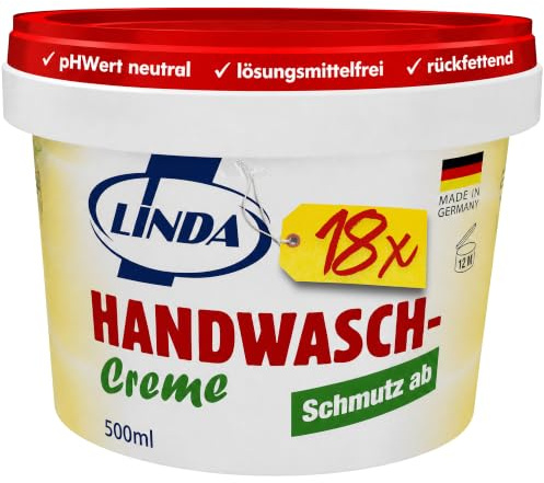 LINDA Handwaschpaste 18x 500 ml - Handreiniger für Werkstatt & Garten | pH-neutral, lösungsmittelfrei & rückfettend – Made in Germany – inkl. DDR Kochbuch & Geschenkkarte