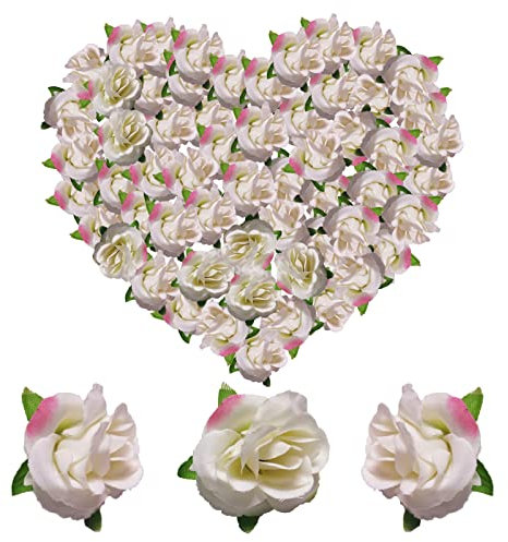 Azexcy 50 Pz Teste di Rosa Artificiale di Seta, Rose Finte Teste di Fiori Artificiali Seta Finte Piccole per Decorazioni Matrimonio Festa, Bianco e Rosa