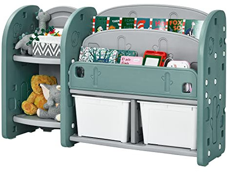 COSTWAY Toy Storage Unit, Kids Bookshelf with 2 Removable Bins and 2 Shelves, Children Toys Organiser Book Rack for Playroom Bedroom
