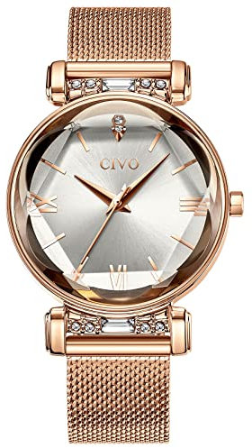 CIVO Montre Femme Or Rose Minimalistes Etanches Mode Élégante Casual Montre à Quartz Analogique pour Femme avec Bracelet en Acier Inoxydable Argent