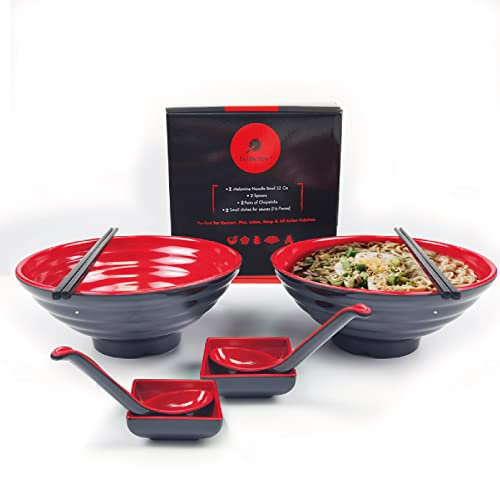 Balibetov - Cuenco japonés de melamina, palillos, cuchara y plato pequeño para salsa, ideal para ramen japonés, sopa china o sopa fo- 2 sets,8 unids (rojo, 2)
