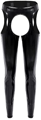 Agoky dam wetlook byxor ouvert trosor, sexiga öppna crotch latex metalliska glitter leggings lång bak öppen trosor erotiska nattkläder fest klubbkläder