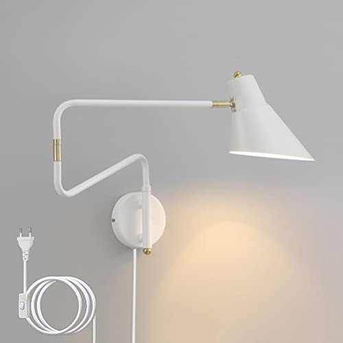 EOEO Vintage Metall Wandleuchte Verstellbar Lange Arm Nachttischlampe mit Schalter und Stecker, 360° Drehbare Wandlampe Leselampen mit Kabel, Innen E27 Wandspot für Schlafzimmer Wohnzimmer Büro,Weiß