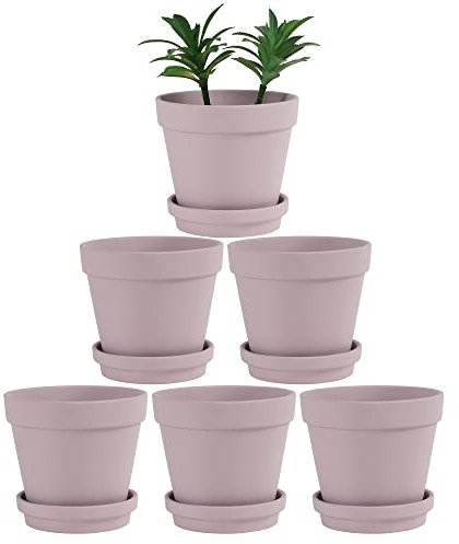 Terra-Cotta-Töpfe mit Untersetzer, 6 Stück, große Terrakotta-Töpfe, 14 cm, Ton, Keramik, Pflanzgefäß, Kaktus-Blumentöpfe, Sukkulenten-Topf mit Drainageloch, Basteln, Terrakotta-Übertopf (lila)