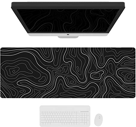 Ovenbird Grand tapis de souris de jeu avec bords surpiqués et imprimé carte topographique minimaliste, tapis de souris XL avec base antidérapante, joli sous-main pour clavier et souris, 90 x 40 cm,
