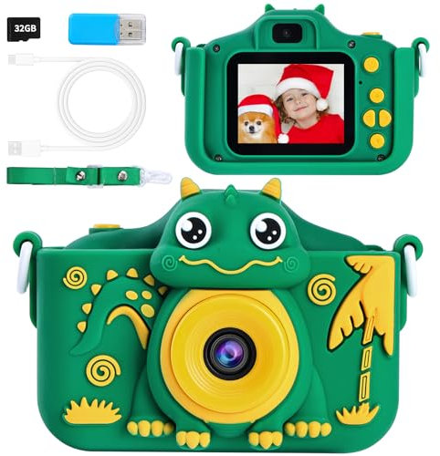 POSO Macchina Fotografica Bambini con 32 GB Scheda, 2.0 Pollici Fotocamera Digitale Bambini,1080P HD Selfie Videocamera, Dinosauro Regalo Giocattolo di Compleanno per Ragazzi 3-10 Anni