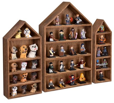 Ikee Design 3-teiliges Set aus Hausregalen aus Holz, Schattenboxen, Präsentationsregal, Organizer, Aufbewahrungsbox, Schattenbox für Minifiguren, 15 Fächer, Braun