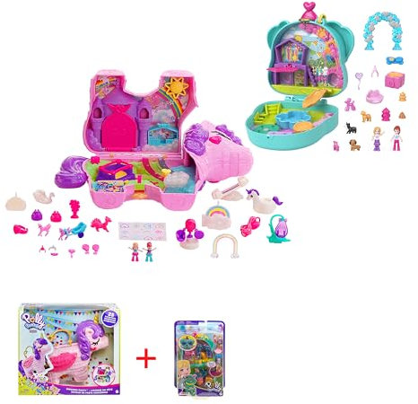 Polly Pocket Bundle Pack - Einhorn-Party (GVL88) + Hunde-Party (HKV30) großes Spielset mit kleiner Polly, Lila Puppe, Hüpfburg, Schloss, Schaukel, Hundehütte, Rutsche und mehr für Kinder ab 4 Jahren