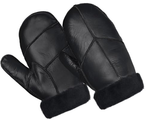 Harssidanzar Männer Fäustlinge für Winter,Lammfell Shearling Pelz gefüttert Warme Echtleder Fäustlinge Handschuh KM054EU,Schwarz,Größe XL
