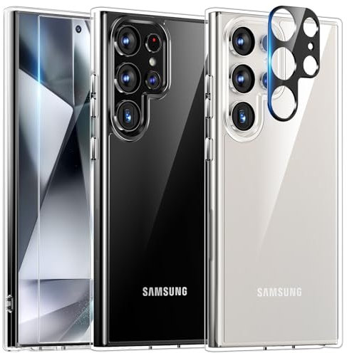 TAURI 5 in 1 für Samsung Galaxy S24 Ultra Hülle, Handyhülle für Samsung Galaxy S24 Ultra Case, mit 2 Stück Schutzfolie + 2 Stück Kameraschutz -Transparent