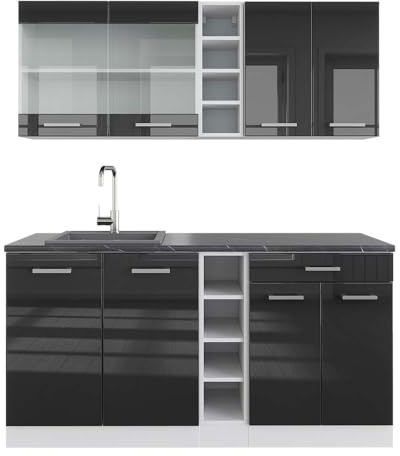 Vicco Singleküche R-Line, Anthrazit Hochglanz/Weiß, 160 cm | 6 Module · Höhenverstellbare Füße · Arbeitsplatte Anthrazit · Robuste Fronten · Mit offenen Regalen · Frei kombinierbar