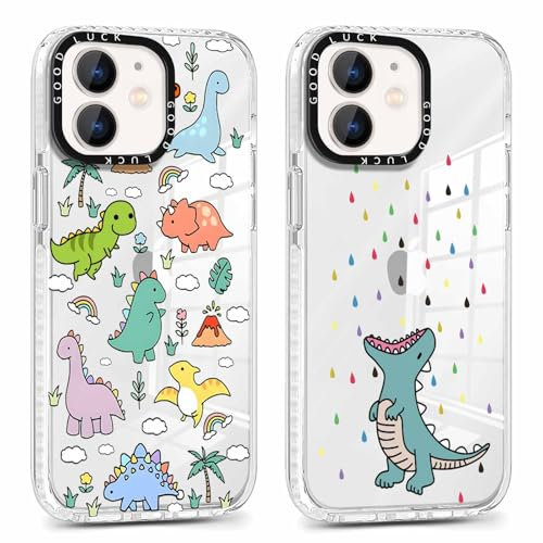 Yoedge 2 Pack Transparent Phone Case Compatible with iPhone 12/iPhone 12 Pro 6.1, Soft Silicone with Cute Dinosaur Aesthetics Pattern,Shockproof Bumper Protector Matte Cover, for iPhone 12 Girls