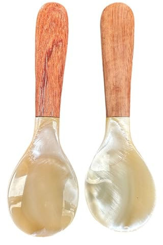 Yurosiay 5 Stück 10cm Perlmutt Löffel Kaviarlöffel mit Holzgriff Muschellöffel Eierlöffel Klein Dessertlöffel Perlmuttlöffel Kinderlöffel Runde Enden Holzlöffel Frühstückslöffel für Kaviar