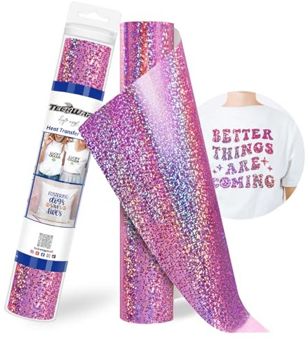 TECKWRAP Holographic Heat Transfer Vinyl Roll 12 x 5ft Sparkle Glitter Pink HTV for DIY Clothing,T-Shirts,Fabric Metallic Iron on Vinyl Compatible with Heat Press Craft Cutters