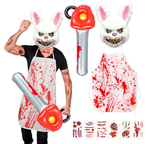 Capaneus Disfraz de Carnicero de Conejo Terrorífico para Halloween, Motosierra, Delantal Sangriento, Decoración y Disfraz de Terror para Hombre