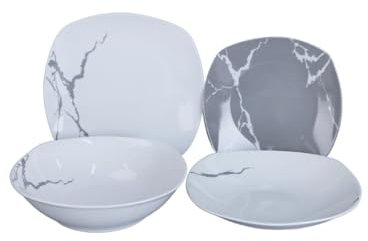 Service de vaisselle 19 pièces pour 6 personnes | Porcelaine blanche et grise, design moderne marbré élégant | usage quotidien, occasions spéciales, lavable au lave-vaisselle
