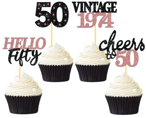 24 Stück Glitzer 50. Geburtstag Cupcake Topper, Geburtstagsdeko 50 von 1975 für Deko zum 50.Geburtstag, 50 Geburtstagsfeier Zubehör Party Dekoration Kuchendekoration (Schwarz & Rose Gold)