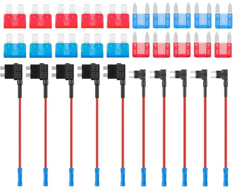 HUAZIZ 10 Piezas Portafusibles Set, Fusibles Coche con 10A 15A Standard Mini Fusible, Standard/Mini Fusible Add A Circuito Adaptador para Coche Camión Barco