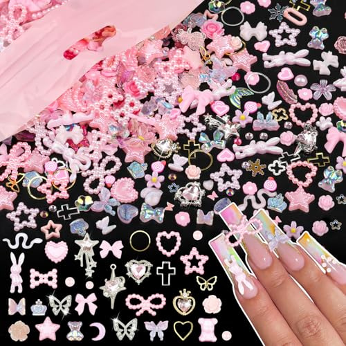 Jolis pendentifs et pierres précieuses 3D en forme de lapin rose, en alliage, papillon, cœur, étoile, bijoux pour ongles avec strass pour ongles, rivets dorés mélangés et