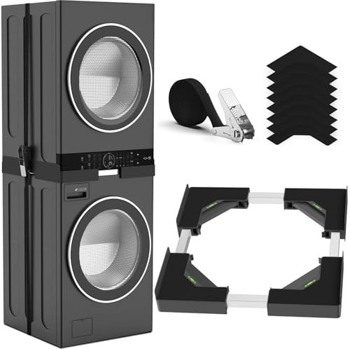 YUZEER Kit de Apilamiento Universal para Lavadora y Secadora, con Cuerda de Trinquete, Tamaño del Marco Apilado Ajustable, Adecuado para Lavadoras y Secadoras de 45-68 cm(Negro)
