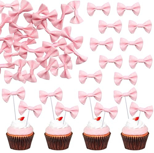 Gyufise 24Pcs Bow Dots Mouse Cupcake Toppers Baby Shower Bowknot Cupcake Toppers Birthday Party Bow Dots Cupcake Toppers Cake Decorations Supplies Pink