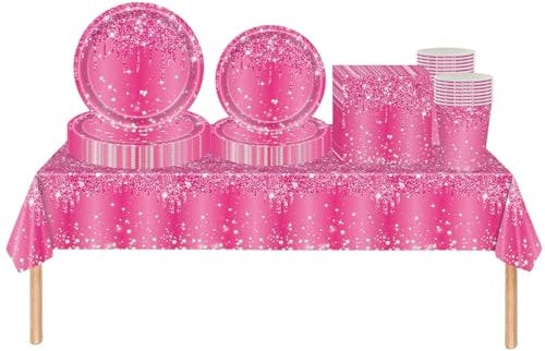 69 pièces Rose Vif Brillant Strass Jetables Party Vaisselle Set, Papier Tasses Serviettesr Assiettes Set, pour Barbecue les Fêtes les Pique-niques Enfants Adultes Anniversaire Mariages et Noël