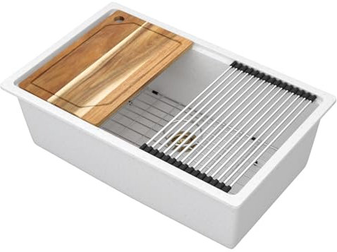 Talllor Granite Composite kitchen Sink 28 Inch White Undermount Workstation Kitchen Sink Single Bowl Quartz Large Deep Sink Basin with Gold Accessories, 28x19x9.65 #TLGU-106