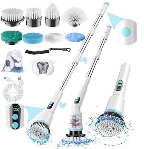 Electric Spin Scrubber with Remote Control, 8 Replaceable Brush Heads, 2 Adjustable Angles, IPX7 100% Waterproof, Cordless Cleaning Brush for Bathroom