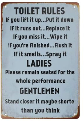 Toilet Rules Metal Bar Sign - Retro Vintage Tin Sign for Bar Cafe Garage Wall Home Decor 20 x 30 cm (8 x 12 Inches)