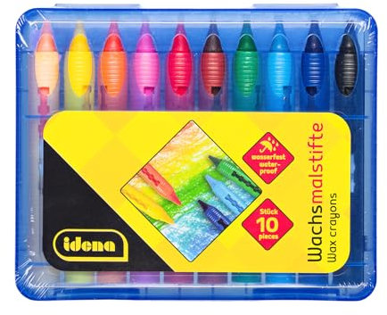 Idena 20218 - Wachsmaler in Schiebehülse mit Steckfunktion, 10 Stück kräftigen Farben, wasserfeste Wachsmalstifte in wiederverschließbarer Kunststoffbox, für Kinder ab 3 Jahren