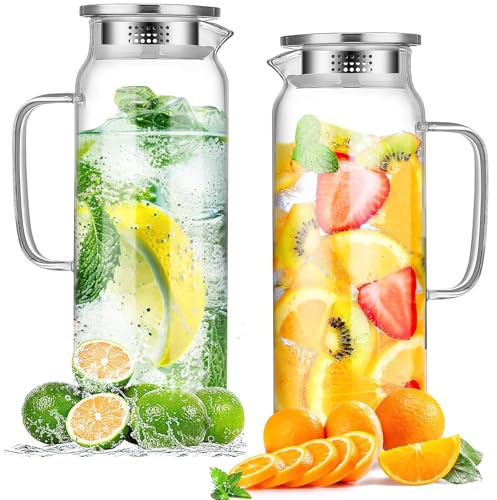 2 Stück Glaskaraffe Wasserkrug 2 L mit Edelstahl Deckel