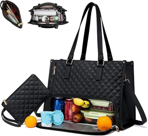 Gresonic Lunch 2 in 1 Tote Bag for Women, 15.6 Inch Laptop Bag with Insulated Lunch Compartment, Quilted Large Capacity Computer Handbag with Purse