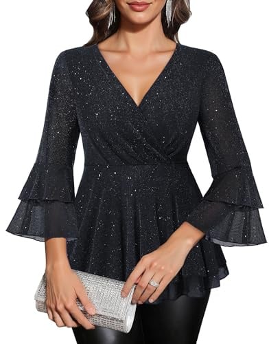 Vafoly Damenblusen 3/4 Arm Elegant V-Ausschnitt Tunika mit Rüschenärmel Glitzer Festliche Oberteile für Alltags- und Party