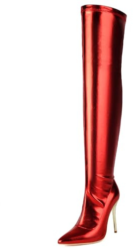 Lizoleor Stiletto Side Reißverschluss Pointed Toe Damen Overknee Stiefel Shiny Lack Hochzeit Solid Color Long Anzugstiefel Rot Gr 45 EU/47Cn