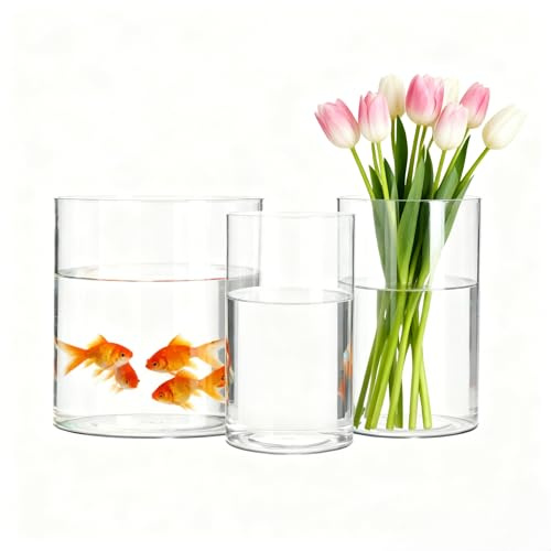 Koelaa 3 Teiliges Set Transparente Acryl-Blumenvasen, Kunststoff-Zylindervasen, Modernes Vasen-Set für Blumenarrangements, Tischdeko, Einweihungsparty & Hochzeitscenterpieces(10x20 & 12x20 & 20x20cm)