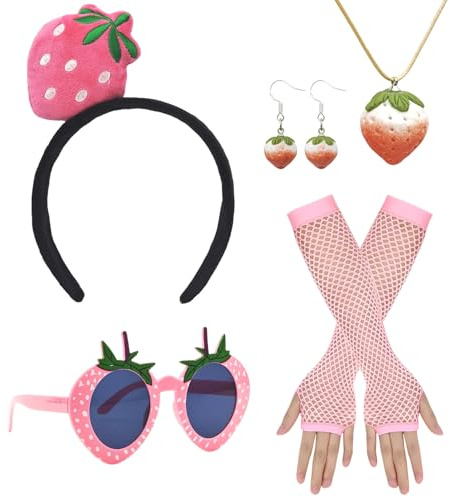 5PCS Erdbeer Kostüm Damen Set,Faschingskostüm Erdbeere,Erdbeere Obst Kostüm | Strawberry Costume Accessories, Erdbeerkostüm für Karneval,Erdbeer Haarreif,Brille,Ohrringe,Handschuhe,Halskette