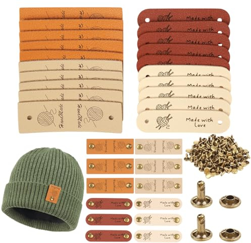 40 Stück Handmade Label mit 80 Stück Nieten, Personalisierte Handmade Etiketten zum Nähen & PU-Wildleder-Etiketten für Handarbeiten, DIY-Kleidung, Taschen, Jeans (4 Farben)