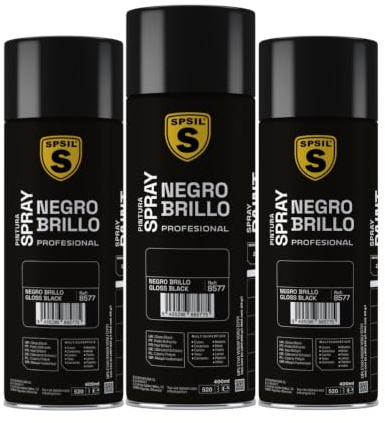SPSIL Pintura Spray Brillante Negro Brillo(pack of 3) 400ml, Metal Secado RápidoPintura Profesional Interior Exterior, Aplicación Fácil en Madera Plástico, DIY Decoración Muebles Automóviles