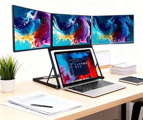 Écran d'extension pour ordinateur portable 15,6 pouces, moniteur portable pliable en trois parties, triple affichage FHD 1080p de 15,6 pouces avec ports Type-C, HDMI et USB-C, orientation à 360°
