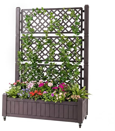 COSTWAY Blumenkasten mit Rankgitter und Rollen, Hochbeet mit Spalier, Wasserstandsanzeiger & Abflusslöchern, Pflanzkübel mit Sichtschutz, Pflanzkasten für Kletterpflanzen, PP, Braun, 108 x 45 x 155 cm