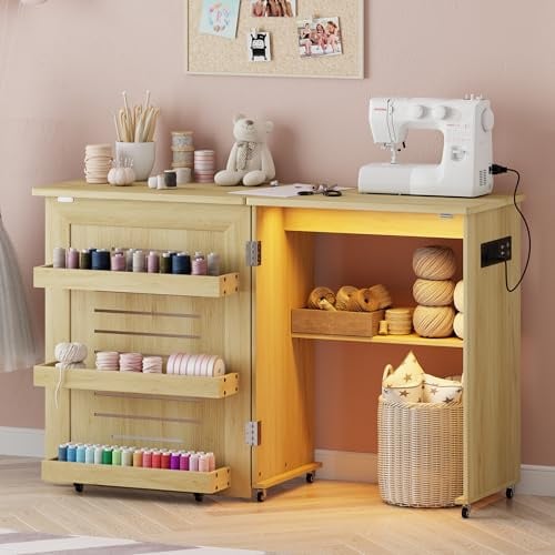 Nähtisch klappbar mit Ladestation und Led Beleuchtung,Holzfarbe | 2 in 1 Schreibtisch mit Ablagefach und Rollen,Computertisch mit 3 Einlegeböden für Büroarbeit,Studium,Nähen
