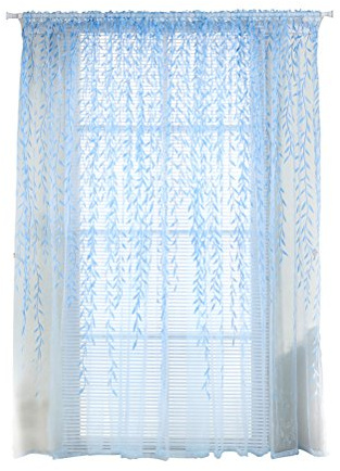 VORCOOL Transparente Voile Vorhänge Gardine Schal Dekoschal für Schlafzimmer Wohnzimmer Blätter Druck 100X200 cm (Blau)