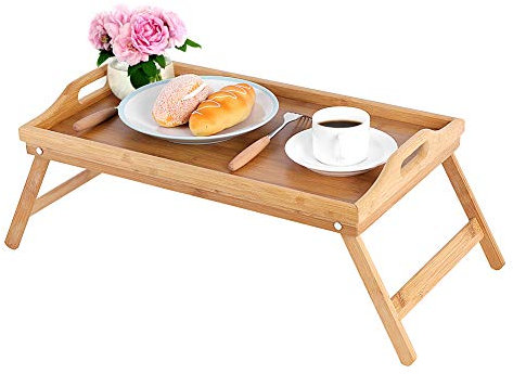 Ejoyous Plateau de Lit en Bambou, Plateau Petit-déjeuner avec Pieds Pliables, Plateau de Service Plateau pour Ordinateur Portable, Plateau Snack avec Poignées pour Canapé lit 63 X 27.3 X 22.5 cm