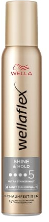 Wellaflex Schaumfestiger Shine & Hold | Haarschaum für 24h starken Halt ohne Verkleben | kopfhautschonende, silikonfreie Formel für mehr Haarglanz | mit UV-Schutz | Haltegrad 5 | 200 ml