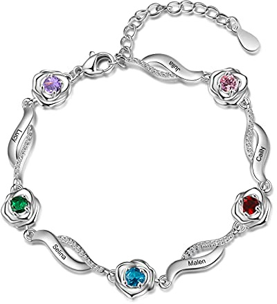 ALBERTBAND Bracelet Fleur Rose Personnalisé avec 1-6 Noms et Pierres de Naissance Simulées Bracelets à Breloques Réglables en Argent pour Femmes Femme Filles Saint Valentin Noël