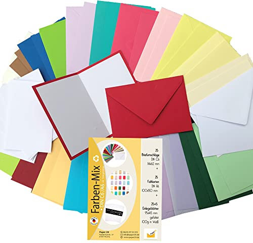 Paper24 25 Briefumschläge bunt Mix im Format DIN C6 114 x 162 mm mit 25 Faltkarten A6 in 25 Farben plus 30 weiße Einleger zum Basteln oder Verschenken