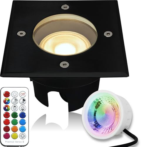 LEDFULL® Flacher LED RGB-WW Farbwechsel Bodeneinbaustrahler Schwarz für Außen mit Modul 230V dimmbar inkl. Fernbedienung/Eckiger Bodenstrahler befahrbar - IP67 Wasserdicht