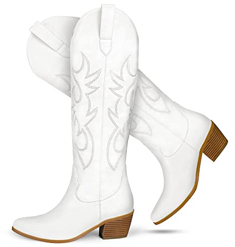 STALOV Stivali da cowboy da donna, stile western, a punta, tacco grosso, altezza al ginocchio, alla moda, ricamati, alti, bianco, 42 EU